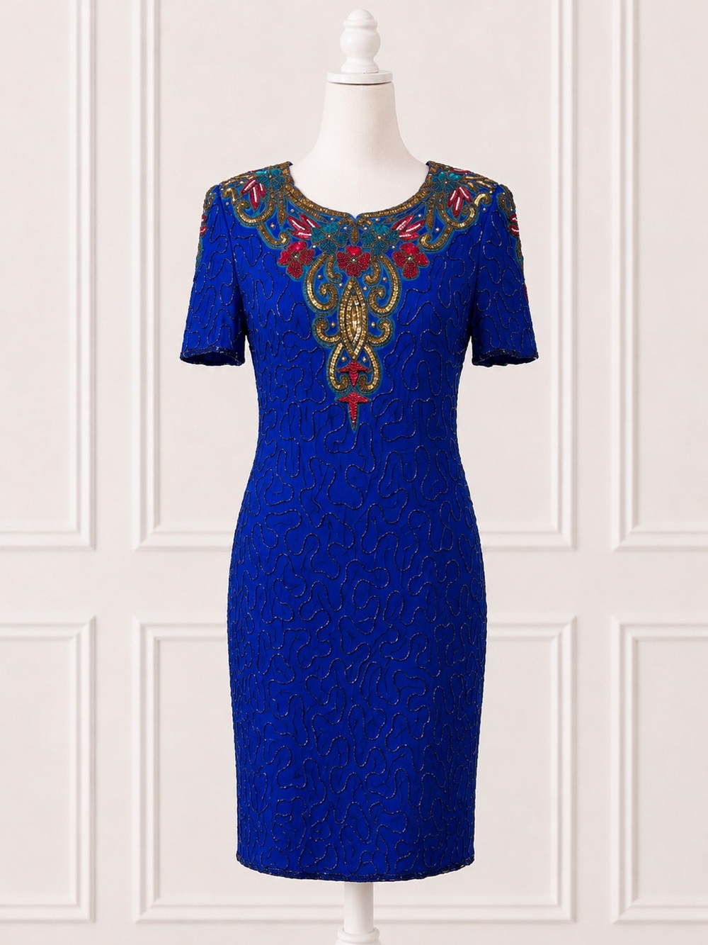 Vintage Denise Elle Royal Blue Silk Beaded Cocktail Dress Women’s L Embellished